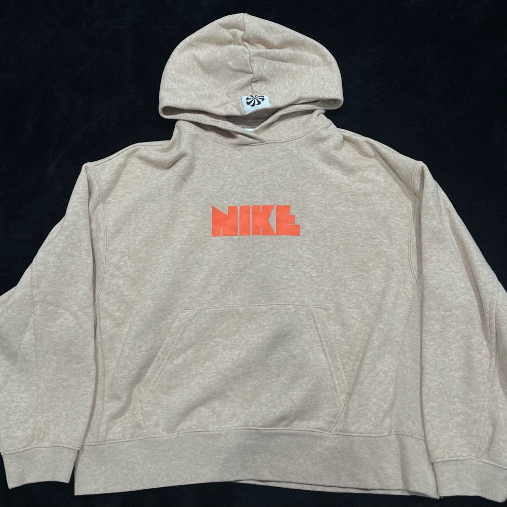 Boys Nike Tan oversized Hoodie with Vibrant Orange Logo